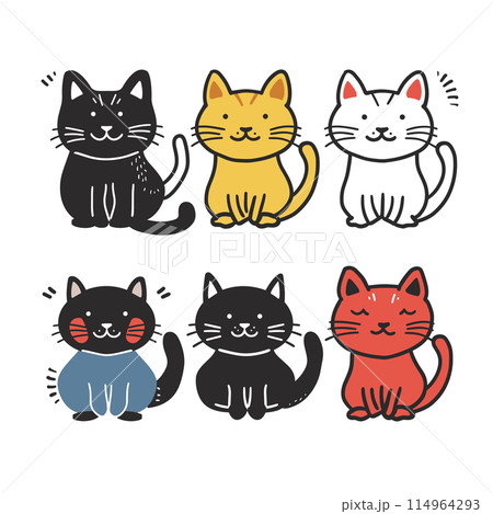 Collection six cute cartoon cats smiling, various colors patterns. Different cat characters sitting, colors black, yellow, white, red, wearing blue shirt, striped tail. Simple feline doodle, playful Collection six cute cartoon cats smiling, various colors patterns. Different cat characters sitting, colors black, yellow, white, red, wearing blue shirt, striped tail. Simple feline doodle, playful 114964293