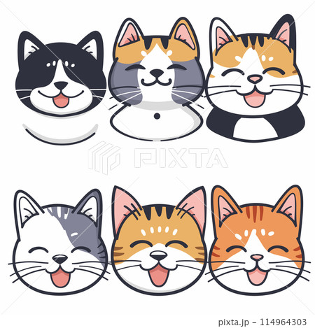 Six cute cartoon cat faces expressing happiness contentment. Various cat breeds illustrated distinctive fur patterns whiskers, feline closed eyes joyful smiles, showcasing diverse colors ranging Six cute cartoon cat faces expressing happiness contentment. Various cat breeds illustrated distinctive fur patterns whiskers, feline closed eyes joyful smiles, showcasing diverse colors ranging 114964303