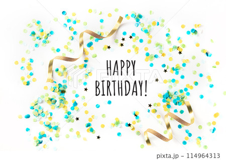 Happy birthday greeting card with confetti, golden stars and ribbons 114964313