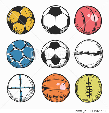 Collection various sports balls handdrawn style isolated white background. Colored sketch soccer, balls sports design. Black white outline volleyball, football, cricket ball 114964467