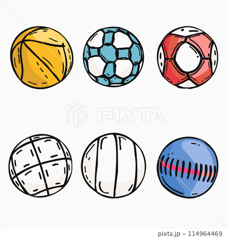 Collection sports balls illustration isolated white background. Handdrawn basketball, soccer ball, volleyball, softball, bowling ball colorful design. Sporting goods team sports, games, activities 114964469