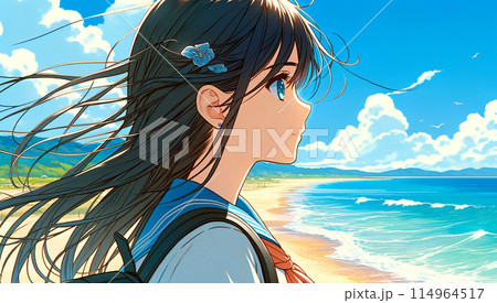夏の海を見つめる少女の横顔のイラスト素材 [114964517] - PIXTA