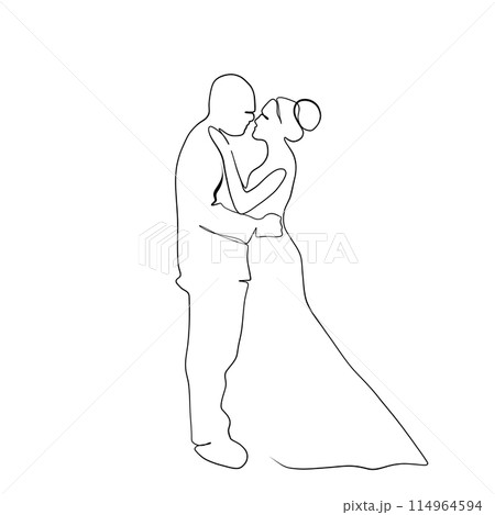 Continuous drawing of lines. Line art of lovers kissing. Wedding, bride and groom. Continuous drawing of lines. Line art of lovers kissing. Wedding, bride and groom. 114964594