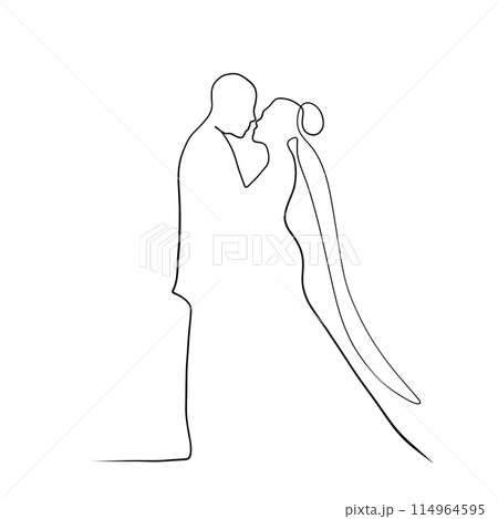 Continuous drawing of lines. Line art of lovers kissing. Wedding, bride and groom. 114964595