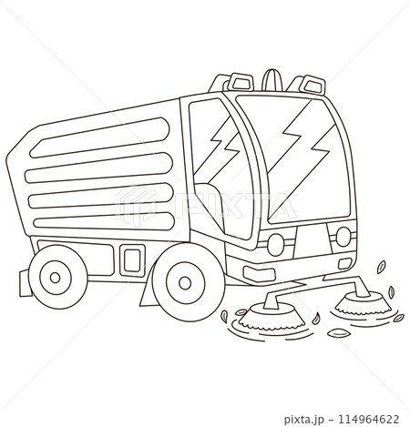 Mini street sweeper truck in black and white style from side view Mini street sweeper truck in black and white style from side view 114964622