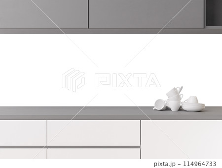 Modern kitchen splashback mockup. Kitchen furniture and blank white isolated backwall ready to insert picture, print. Minimalist design. Back wall mock up, template. Countertop and upper cabinets. 3D. 114964733