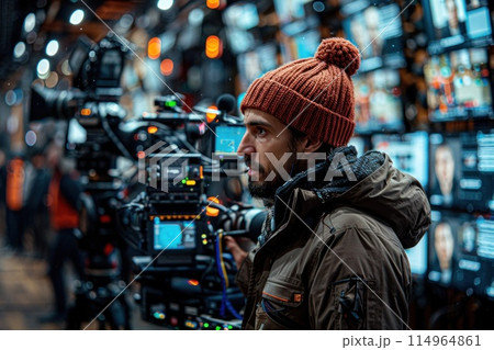 A reporter is filming the workflow of a news broadcast against the backdrop of many monitors 114964861