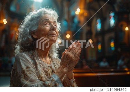 Elderly woman in prayer pose in catholic church, hands raised to light 114964862