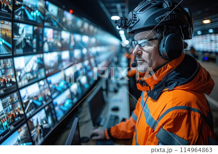 Security guards monitor the operation of the control room with a video wall to provide legal services 114964863
