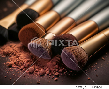 Macro photo of professional makeup brushes in powder Macro photo of professional makeup brushes in powder 114965100