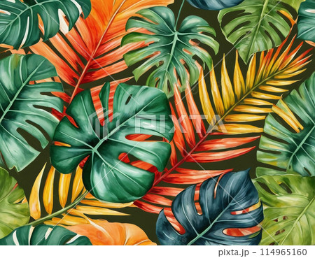 Paint drawing of large tropical leaves close-up 114965160
