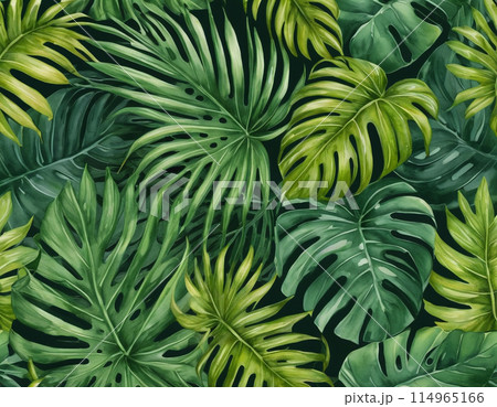 Paint drawing of large tropical leaves close-up 114965166