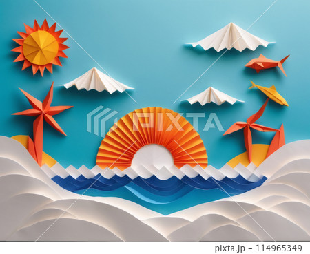 Composition of paper origami beach 114965349
