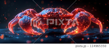 Detailed 3D Rendering of Glowing Red Crab on Black Background with Realistic Anatomy, Claws Raised Detailed 3D Rendering of Glowing Red Crab on Black Background with Realistic Anatomy, Claws Raised 114965350