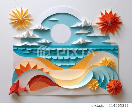 Composition of paper origami beach Composition of paper origami beach 114965351