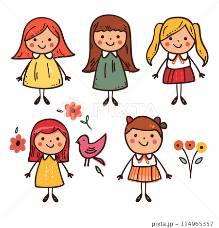 Six cartoon girls smiling, different hairstyles, colorful dresses. Childlike drawings, flowers, bird, cheerful kid characters. Girls illustrated simple lines, bright colors, happy expressions Six cartoon girls smiling, different hairstyles, colorful dresses. Childlike drawings, flowers, bird, cheerful kid characters. Girls illustrated simple lines, bright colors, happy expressions 114965357