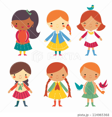 Six cartoon girls, diverse, cute, smiling, children, colorful dresses, birds. Playful, cheerful young characters, friendly isolated white background kids illustration Different ethnicities Six cartoon girls, diverse, cute, smiling, children, colorful dresses, birds. Playful, cheerful young characters, friendly isolated white background kids illustration Different ethnicities 114965368