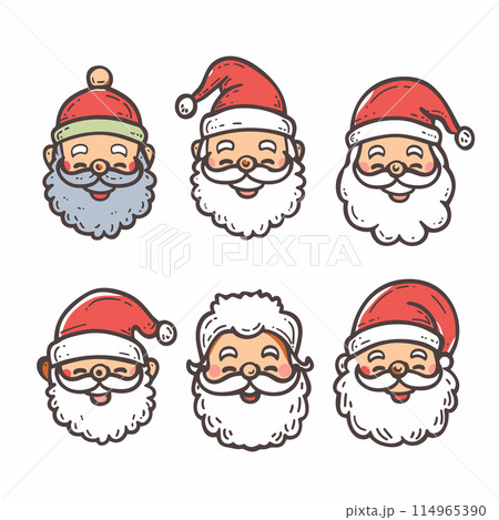 Six cartoon Santa Claus faces showing various expressions styles. Santa outlined, rosy cheeks, white beards, mustaches, red hats, characters display differences eyewear facial expressions, ranging Six cartoon Santa Claus faces showing various expressions styles. Santa outlined, rosy cheeks, white beards, mustaches, red hats, characters display differences eyewear facial expressions, ranging 114965390
