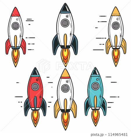 Six colorful cartoon rockets flying upwards. Various colored spacecraft show motion, speed, detailed engine flames. Retro style rockets, flat design isolated white background Six colorful cartoon rockets flying upwards. Various colored spacecraft show motion, speed, detailed engine flames. Retro style rockets, flat design isolated white background 114965481