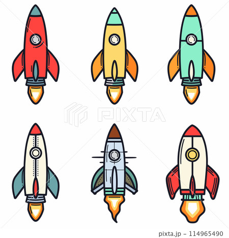 Six colorful cartoon rockets arranged two rows three, rocket features simple graphic style, bright primary secondary colors. Flat design vector illustration isolated white background Six colorful cartoon rockets arranged two rows three, rocket features simple graphic style, bright primary secondary colors. Flat design vector illustration isolated white background 114965490