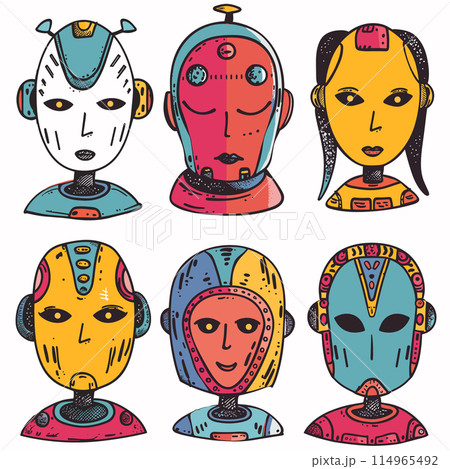 Six colorful robot heads human features portrayed quirky, handdrawn style, robot displays unique patterns, colors, decorative details, showcasing creative futuristic designs. Artistic representation 114965492