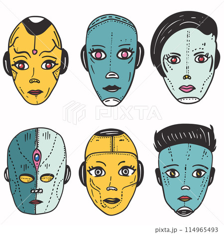Six stylized faces resemble futuristic robotic heads, visible markings patches. Faces varied expressions, neutral slightly concerned, showcasing different designs. Colors include yellow, blue, teal Six stylized faces resemble futuristic robotic heads, visible markings patches. Faces varied expressions, neutral slightly concerned, showcasing different designs. Colors include yellow, blue, teal 114965493