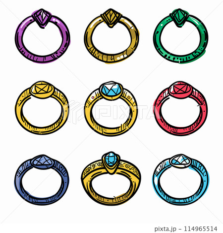 Set colorful engagement rings, different gemstones. Cartoon style jewelry, isolated white background. Handdrawn rings, vibrant colors, gem varieties 114965514