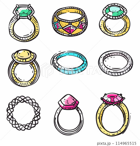 Collection colorful handdrawn engagement rings, various gemstones featured. Nine unique designs wedding jewelry, eclectic assortment, bright colors. Handcrafted ring illustrations, cartoonish style Collection colorful handdrawn engagement rings, various gemstones featured. Nine unique designs wedding jewelry, eclectic assortment, bright colors. Handcrafted ring illustrations, cartoonish style 114965515