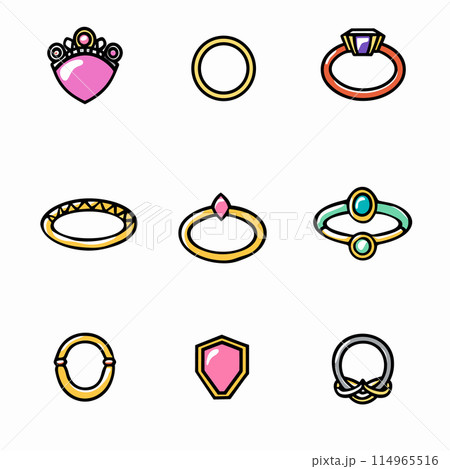 Collection colorful rings jewelry design isolated white background. Various rings engagement wedding fashion accessories. Cartoon drawing gemstone gold silver diamond ring vector illustration 114965516