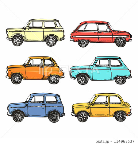 Collection retro cars colorful handdrawn illustrations. Classic vehicles set vintage style sketch, different colors. Oldfashioned autos collection, diverse hues, cartoonish design, side view 114965537
