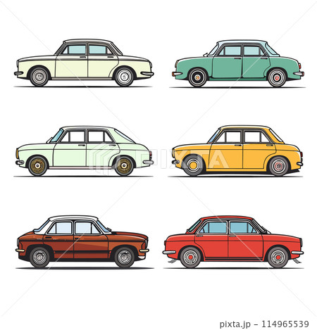 Vintage cars collection side view different colors classic automobile design transport theme. Retro vehicles set colorful car illustrations profile isolated white background. Classic cars vector 114965539