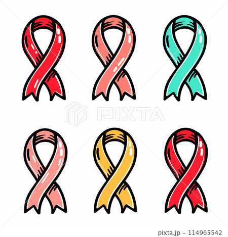 Illustration six colorful ribbons symbolizing support awareness different causes, ribbon handdrawn, representing variety colors including red, pink, teal, yellow. Cartoonstyle awareness ribbons 114965542
