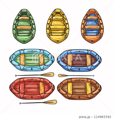 Colorful handdrawn rowboats paddles, top view, water sports, leisure activities. Various colored rowing boats, wooden seats, oars, summer boating equipment. Recreational watercraft, vibrant hues Colorful handdrawn rowboats paddles, top view, water sports, leisure activities. Various colored rowing boats, wooden seats, oars, summer boating equipment. Recreational watercraft, vibrant hues 114965593
