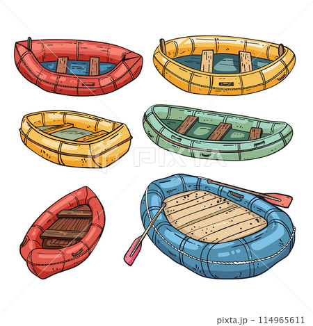 Handdrawn collection various colored inflatable boats. Detailed sketches red, yellow, green, blue rubber dinghies paddles. Isolated white background, nautical leisure equipment Handdrawn collection various colored inflatable boats. Detailed sketches red, yellow, green, blue rubber dinghies paddles. Isolated white background, nautical leisure equipment 114965611