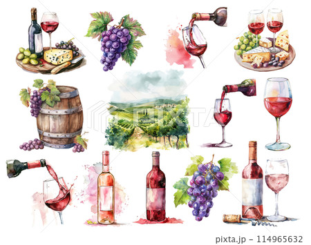 Set of wine theme Watercolor bottle Barrel glass Appetizer wine fields Illustration on white ai Set of wine theme Watercolor bottle Barrel glass Appetizer wine fields Illustration on white ai 114965632