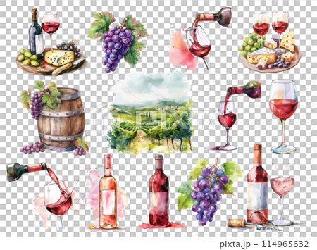 Set of wine theme Watercolor bottle Barrel glass Appetizer wine fields Illustration on white ai Set of wine theme Watercolor bottle Barrel glass Appetizer wine fields Illustration on white ai 114965632
