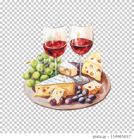 Composition of cheese, grapes, bottles and glasses of wine on a wooden round tray on isolated on a white background Ai generated. 114965637