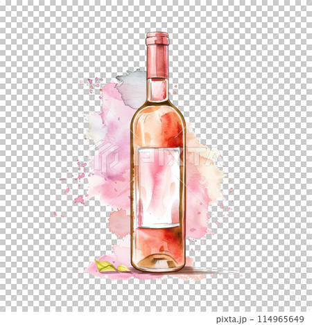 A watercolor painting featuring a bottle of wine on a white backdrop. hand drawn illustration. Ai generated. 114965649