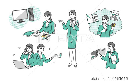 経理会計職のビジネスパーソンの様々なビジネスシーンのイラストセット 経理会計職のビジネスパーソンの様々なビジネスシーンのイラストセット 114965656