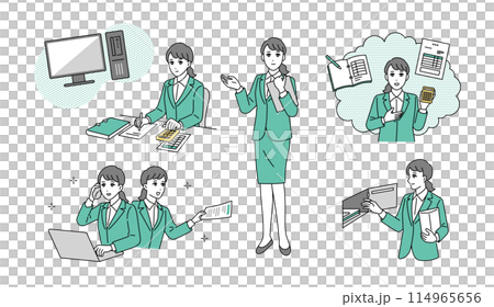 経理会計職のビジネスパーソンの様々なビジネスシーンのイラストセット 経理会計職のビジネスパーソンの様々なビジネスシーンのイラストセット 114965656