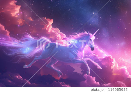 A unicorn is flying through the sky with a...のイラスト素材 [114965935] - PIXTA