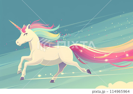 A unicorn with rainbow colored mane and tail is running through the air 114965964