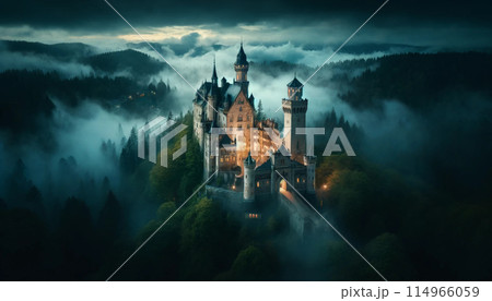 夜の霧に浮かぶ神秘的な城 114966059