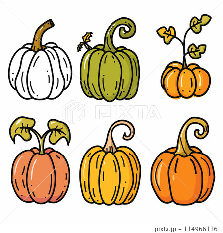Six colorful handdrawn pumpkins, unique shape design. Top row white, green orange pumpkins, bottom row features orange yellow gourds. Vector illustration perfect autumn, Halloween, harvest festival 114966116