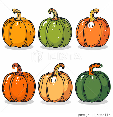 Collection six colorful pumpkins, three orange three green, cartoon style isolated white background. Different shades strokes add depth pumpkin illustrations, suitable autumn themes. Halloween fall 114966117