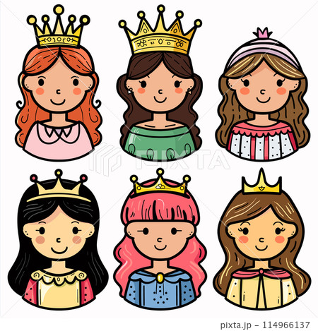 Six cartoon princesses smiling faces crown royalty cute, princess illustrations colorful dresses golden crowns young girls happy. Cartoon female royal cheerful Six cartoon princesses smiling faces crown royalty cute, princess illustrations colorful dresses golden crowns young girls happy. Cartoon female royal cheerful 114966137