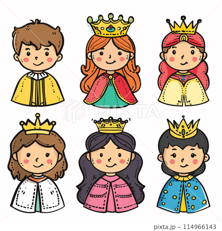 Six cute cartoon characters resembling children dressed monarchs illustrated, wearing royal crown. Various royal outfits portrayed among princes princesses represented animated children. Bright 114966143