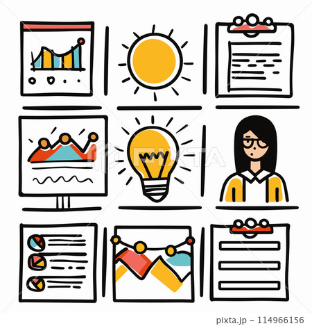 Set business icons including graphs, sun, clipboard, light bulb, person, icon enclosed its own frame, designed simplistic, colorful style, primary colors yellow, black, red, orange, blue bold Set business icons including graphs, sun, clipboard, light bulb, person, icon enclosed its own frame, designed simplistic, colorful style, primary colors yellow, black, red, orange, blue bold 114966156