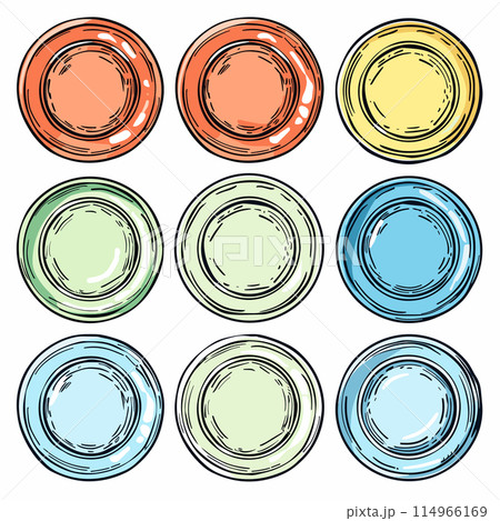 Nine colorful plates sketched various shades, kitchenware collection. Handdrawn dinner plates, artistic crockery set illustration. Vibrant orange, yellow, green, blue plates, top view, isolated 114966169