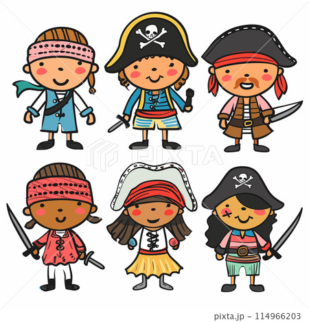 Six cartoon children dressed pirates, unique pirate costumes, smiling faces, cartoonstyle swords. Cartoony pirate kids, cute, festive, playful attire, bandanas, tricorne hats, eye patches, buoyant 114966203
